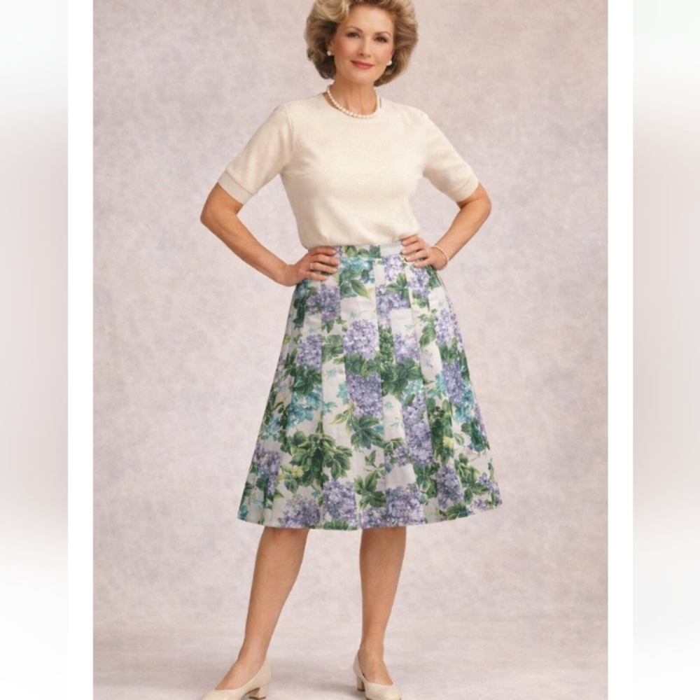 Ann Taylor Petite Floral A-Line Skirt | Purple Green Cream | Size 8P